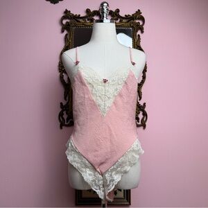 Vintage 90's Victoria's Secret Gold Label Pink Lace Trim Teddy Lingerie Medium